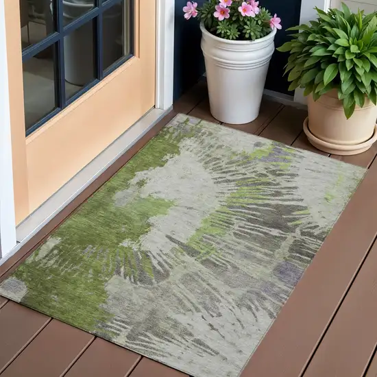 Olive Green Artichoke Green And Fern Green Abstract Washable Indoor Outdoor Area Rug Photo 1
