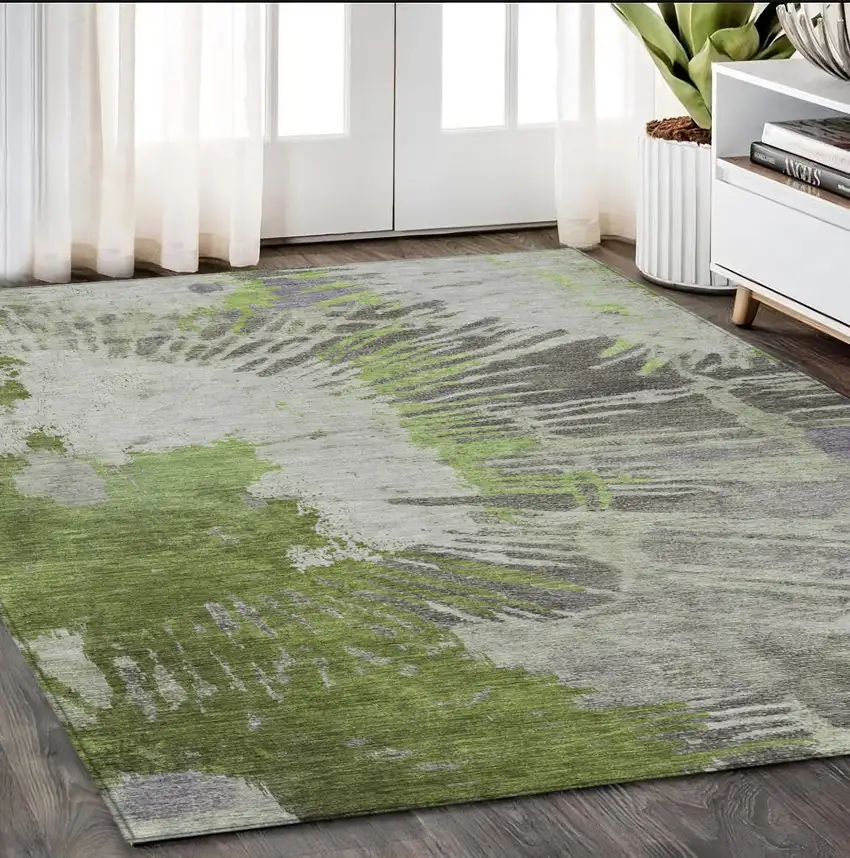 Olive Green Artichoke Green And Fern Green Abstract Washable Indoor Outdoor Area Rug Photo 9