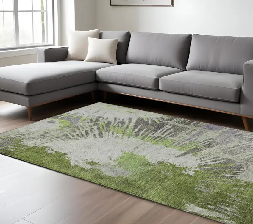 Olive Green Artichoke Green And Fern Green Abstract Washable Indoor Outdoor Area Rug Photo 1