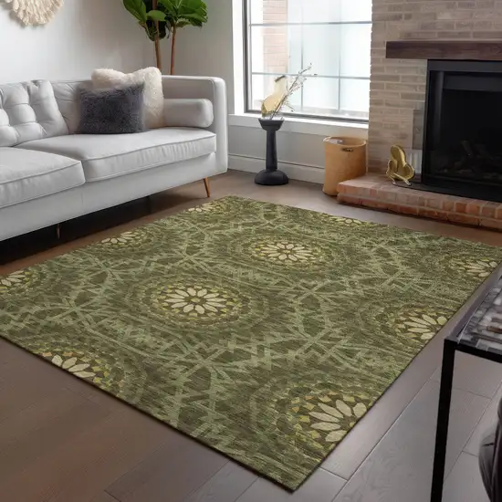 Olive Green Artichoke Green And Gold Floral Medallion Washable Indoor Outdoor Area Rug Photo 8
