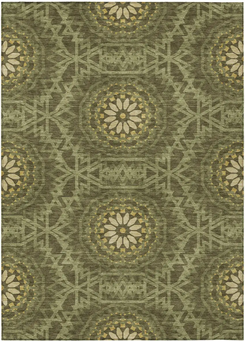 Olive Green Artichoke Green And Gold Floral Medallion Washable Indoor Outdoor Area Rug Photo 2