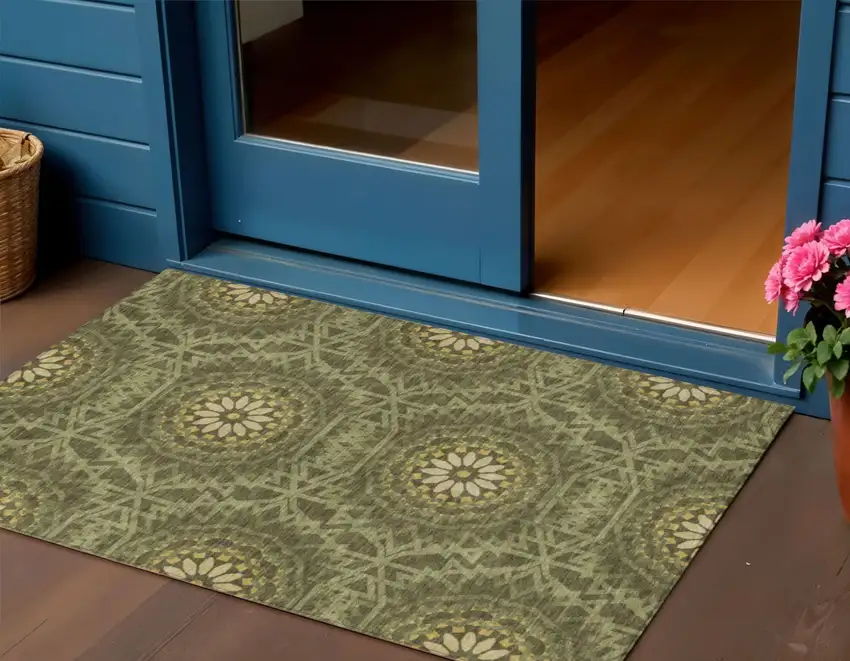 Olive Green Artichoke Green And Gold Floral Medallion Washable Indoor Outdoor Area Rug Photo 1