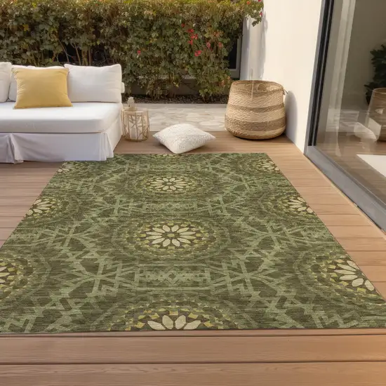 Olive Green Artichoke Green And Gold Floral Medallion Washable Indoor Outdoor Area Rug Photo 6
