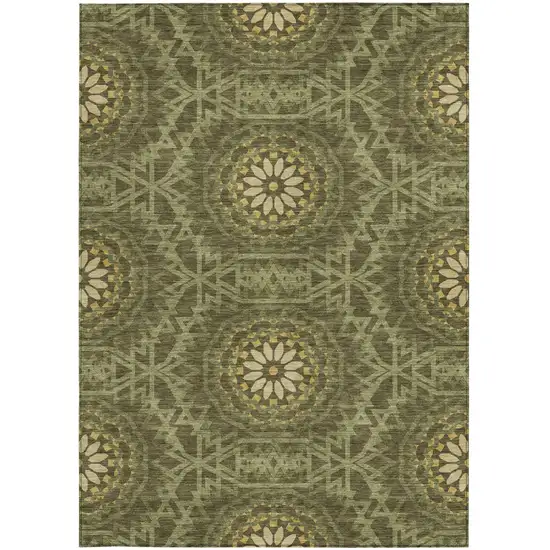 Olive Green Artichoke Green And Gold Floral Medallion Washable Indoor Outdoor Area Rug Photo 5