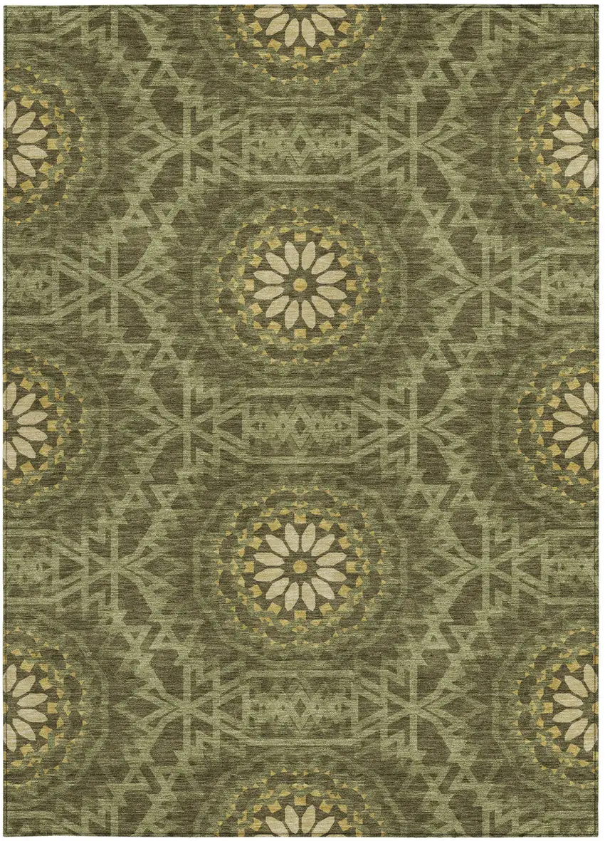Olive Green Artichoke Green And Gold Floral Medallion Washable Indoor Outdoor Area Rug Photo 5
