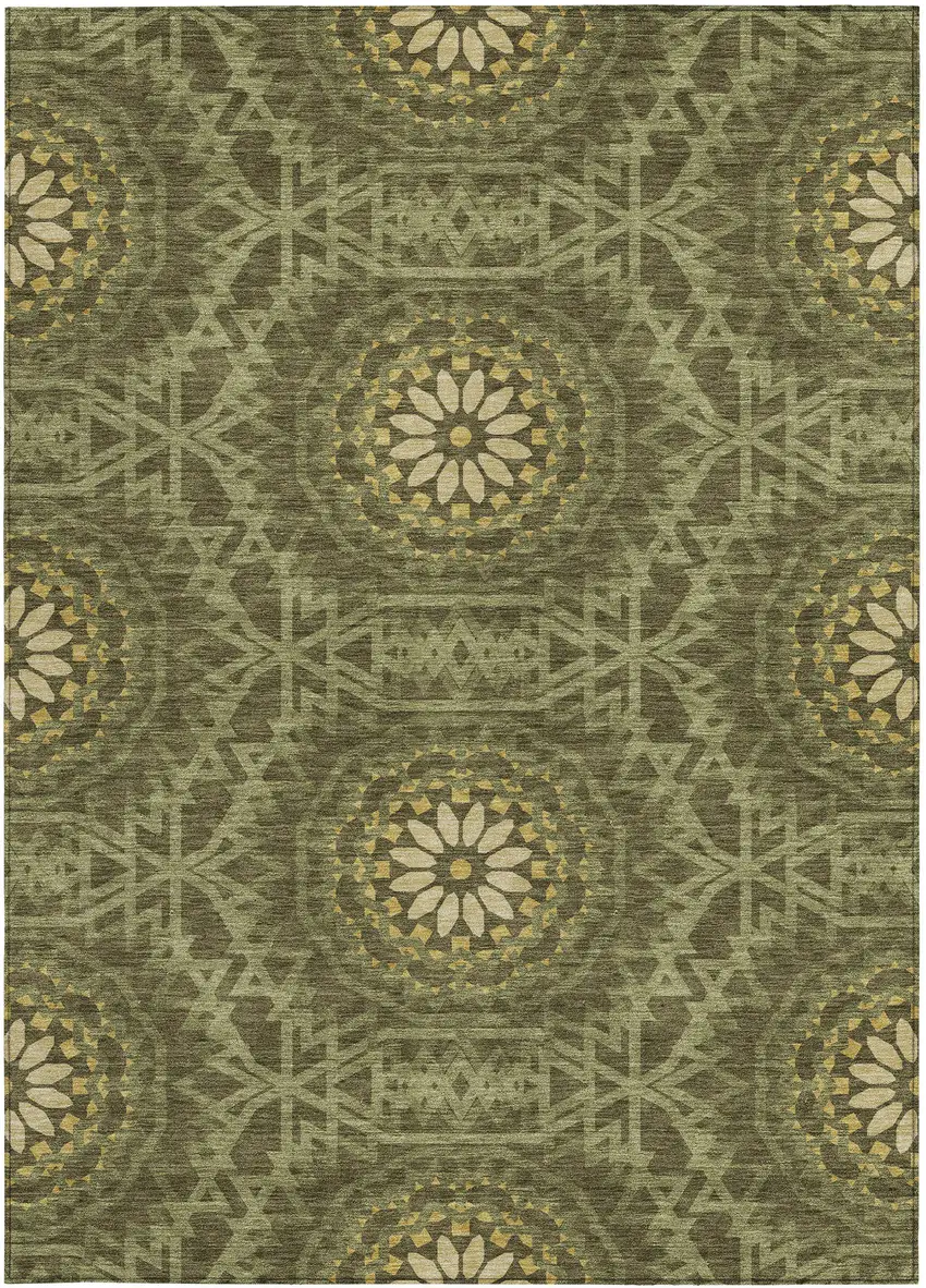 Olive Green Artichoke Green And Gold Floral Medallion Washable Indoor Outdoor Area Rug Photo 5