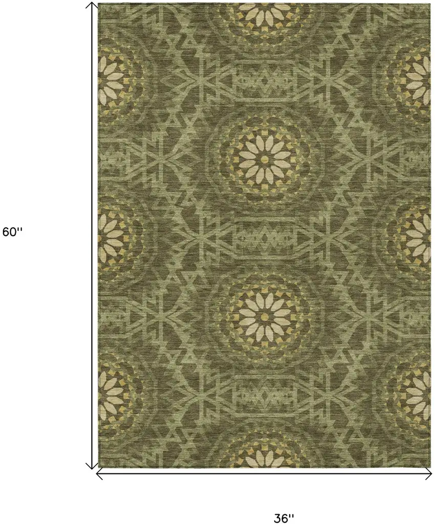 Olive Green Artichoke Green And Gold Floral Medallion Washable Indoor Outdoor Area Rug Photo 3