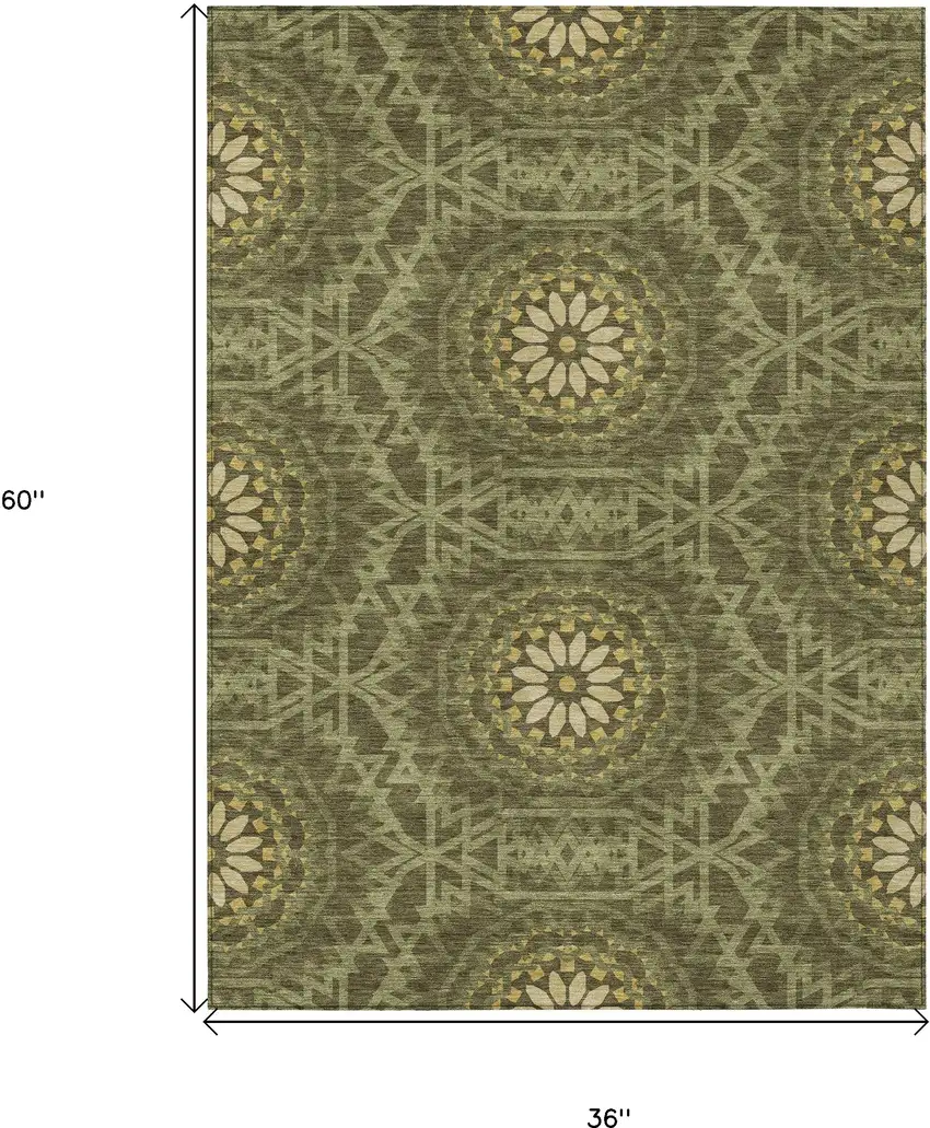 Olive Green Artichoke Green And Gold Floral Medallion Washable Indoor Outdoor Area Rug Photo 3