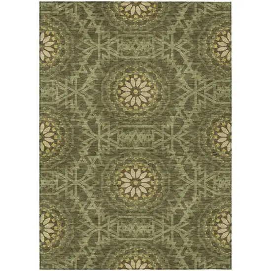 Olive Green Artichoke Green And Gold Floral Medallion Washable Indoor Outdoor Area Rug Photo 2