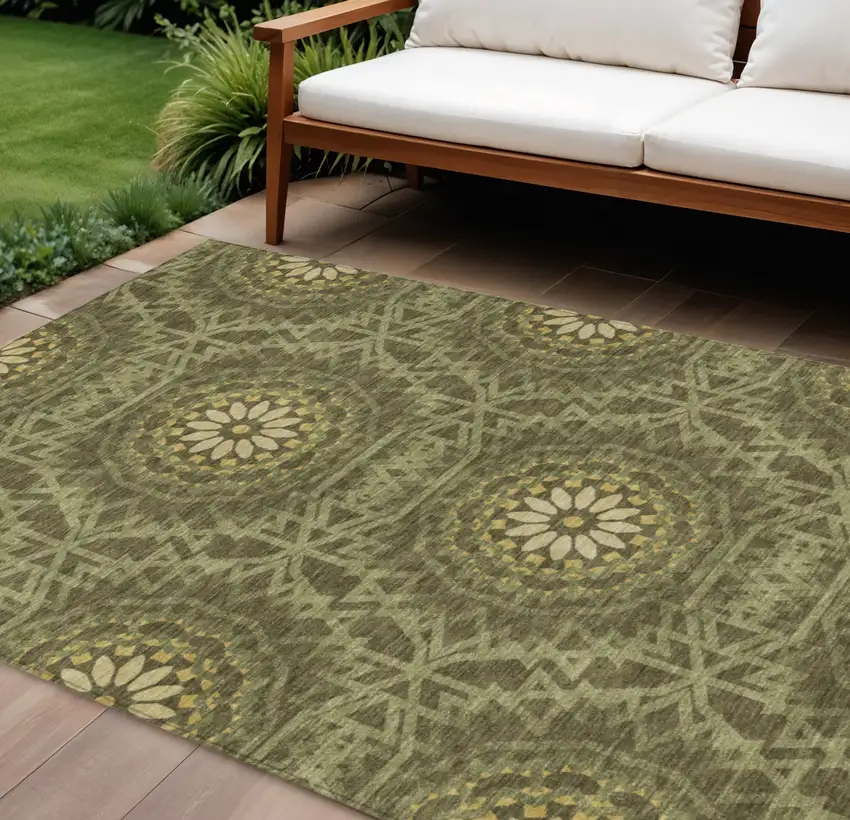 Olive Green Artichoke Green And Gold Floral Medallion Washable Indoor Outdoor Area Rug Photo 1