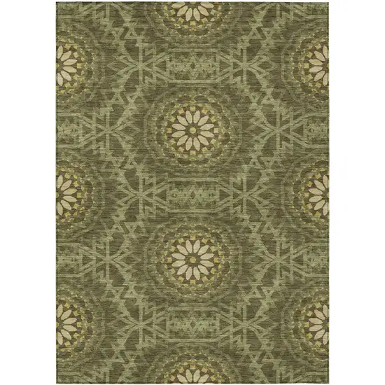 Olive Green Artichoke Green And Gold Floral Medallion Washable Indoor Outdoor Area Rug Photo 2