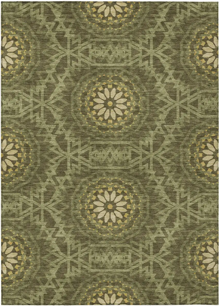 Olive Green Artichoke Green And Gold Floral Medallion Washable Indoor Outdoor Area Rug Photo 2
