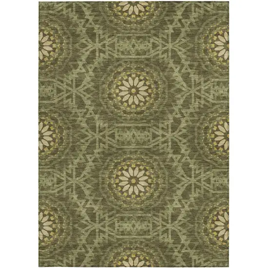 Olive Green Artichoke Green And Gold Floral Medallion Washable Indoor Outdoor Area Rug Photo 5