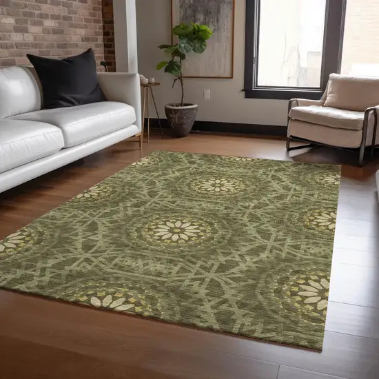 Olive Green Artichoke Green And Gold Floral Medallion Washable Indoor Outdoor Area Rug Photo 7