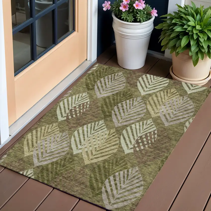 Olive Green Artichoke Green And Gray Floral Washable Indoor Outdoor Area Rug Photo 1