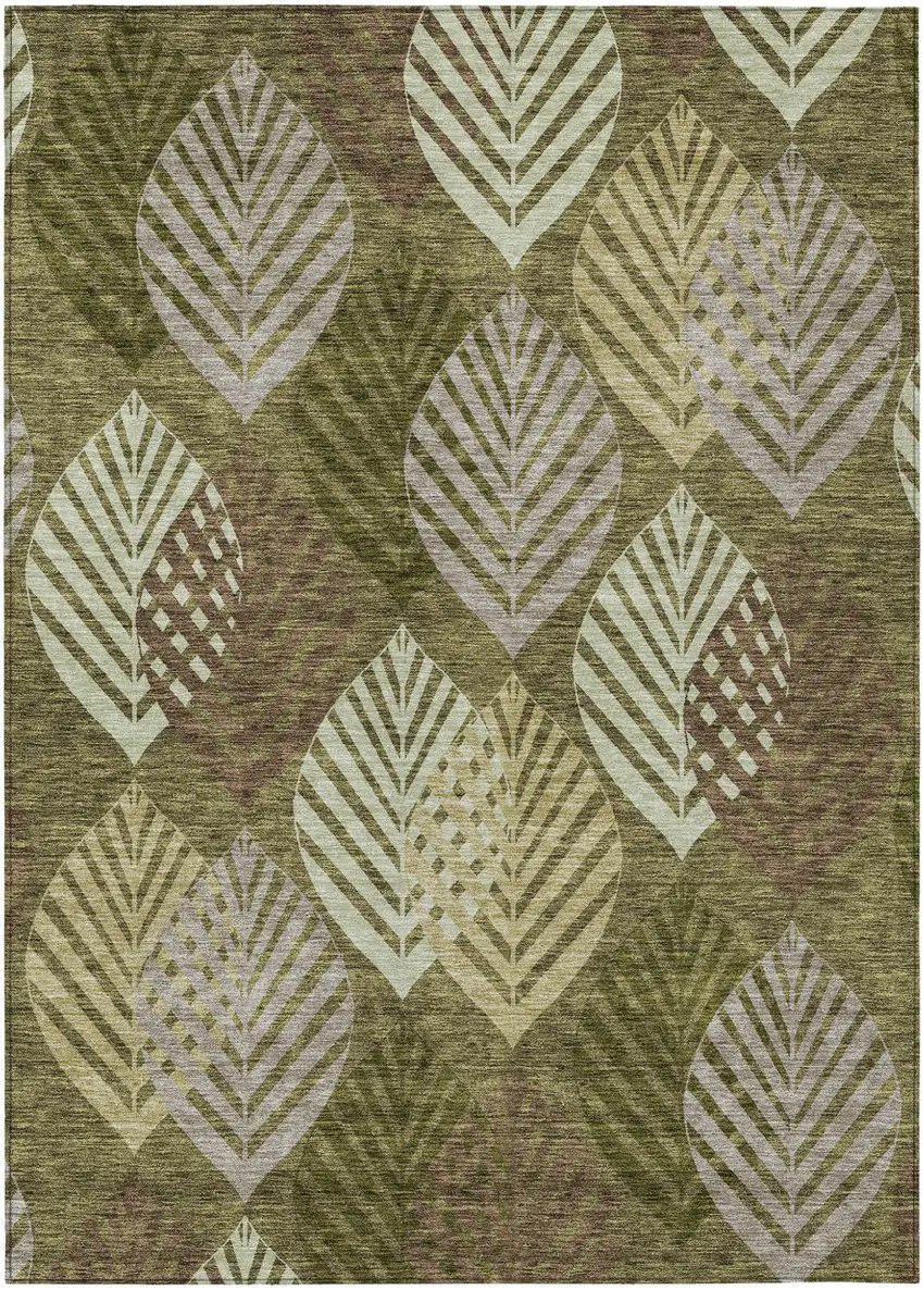 Olive Green Artichoke Green And Gray Floral Washable Indoor Outdoor Area Rug Photo 1