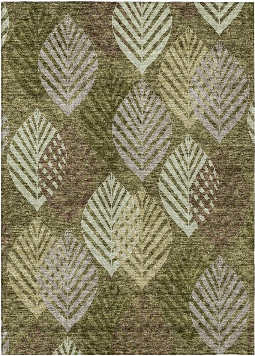 Olive Green Artichoke Green And Gray Floral Washable Indoor Outdoor Area Rug Photo 1