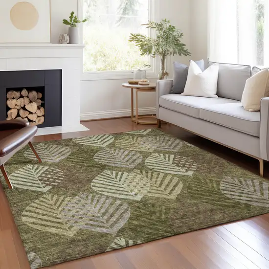 Olive Green Artichoke Green And Gray Floral Washable Indoor Outdoor Area Rug Photo 8