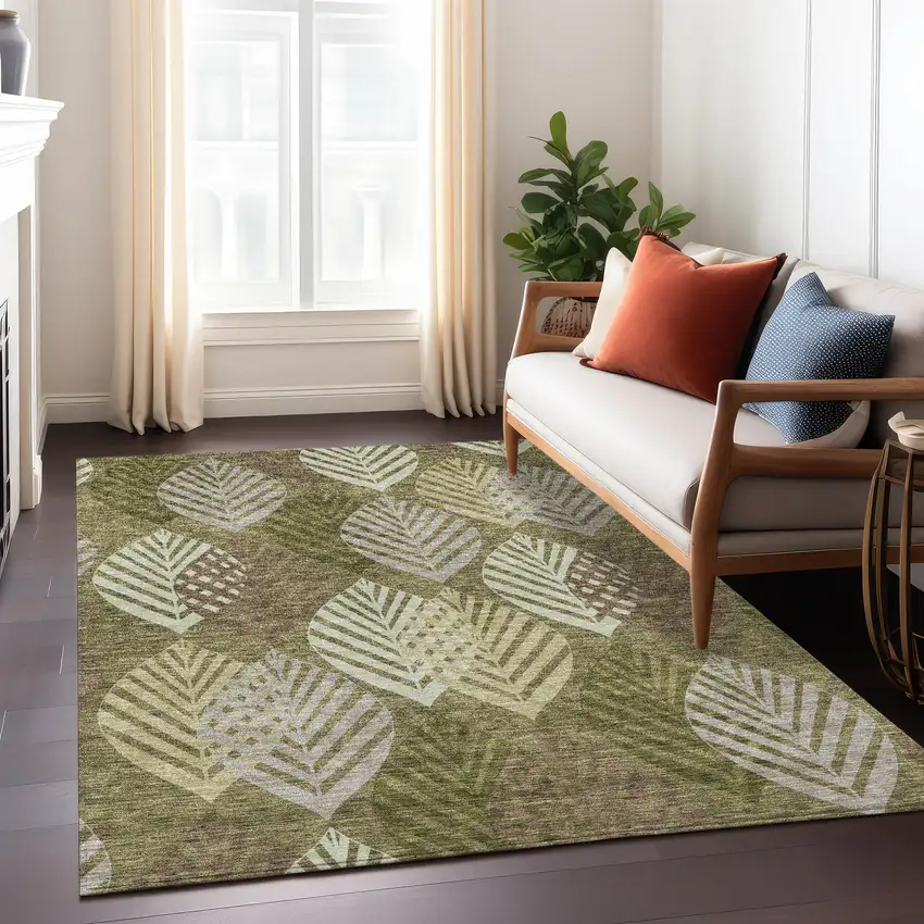 Olive Green Artichoke Green And Gray Floral Washable Indoor Outdoor Area Rug Photo 9