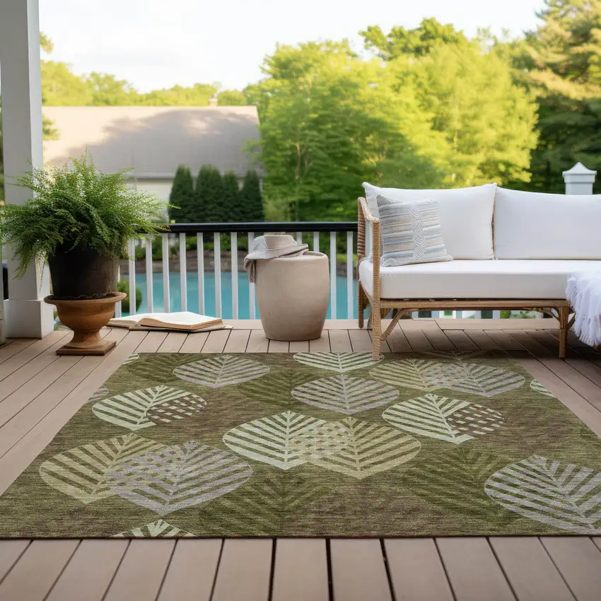 Olive Green Artichoke Green And Gray Floral Washable Indoor Outdoor Area Rug Photo 9