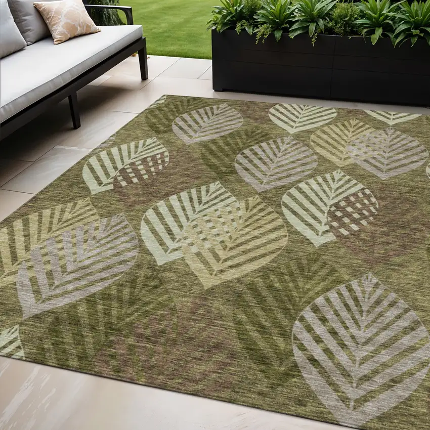 Olive Green Artichoke Green And Gray Floral Washable Indoor Outdoor Area Rug Photo 1