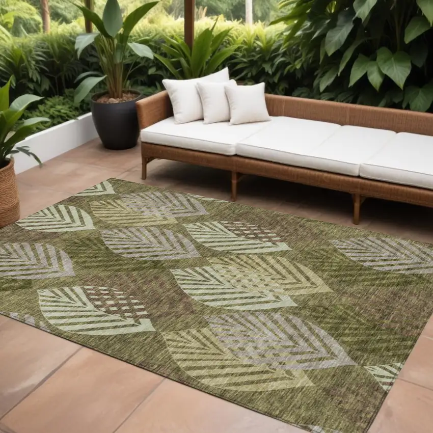 Olive Green Artichoke Green And Gray Floral Washable Indoor Outdoor Area Rug Photo 1