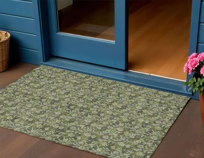 Olive Green Artichoke Green And Ivory Floral Washable Indoor Outdoor Area Rug Photo 1