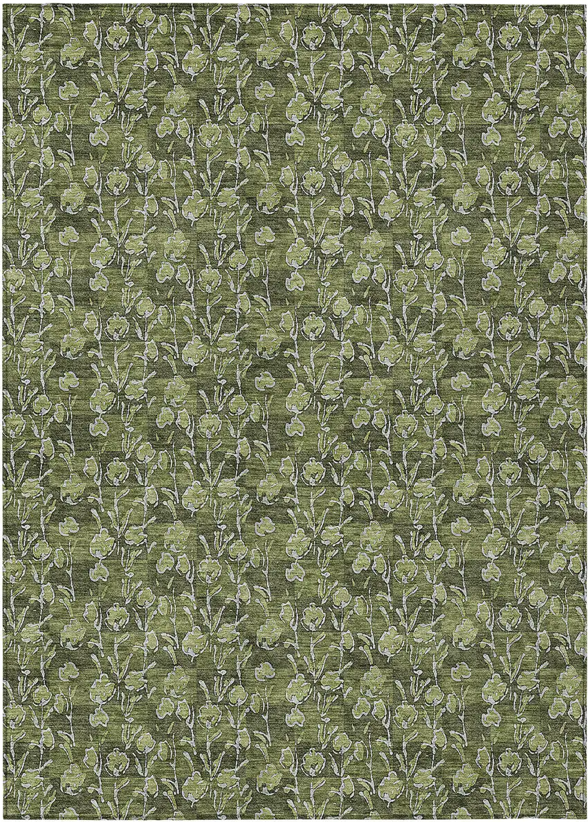 Olive Green Artichoke Green And Ivory Floral Washable Indoor Outdoor Area Rug Photo 2
