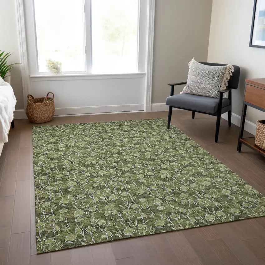Olive Green Artichoke Green And Ivory Floral Washable Indoor Outdoor Area Rug Photo 8