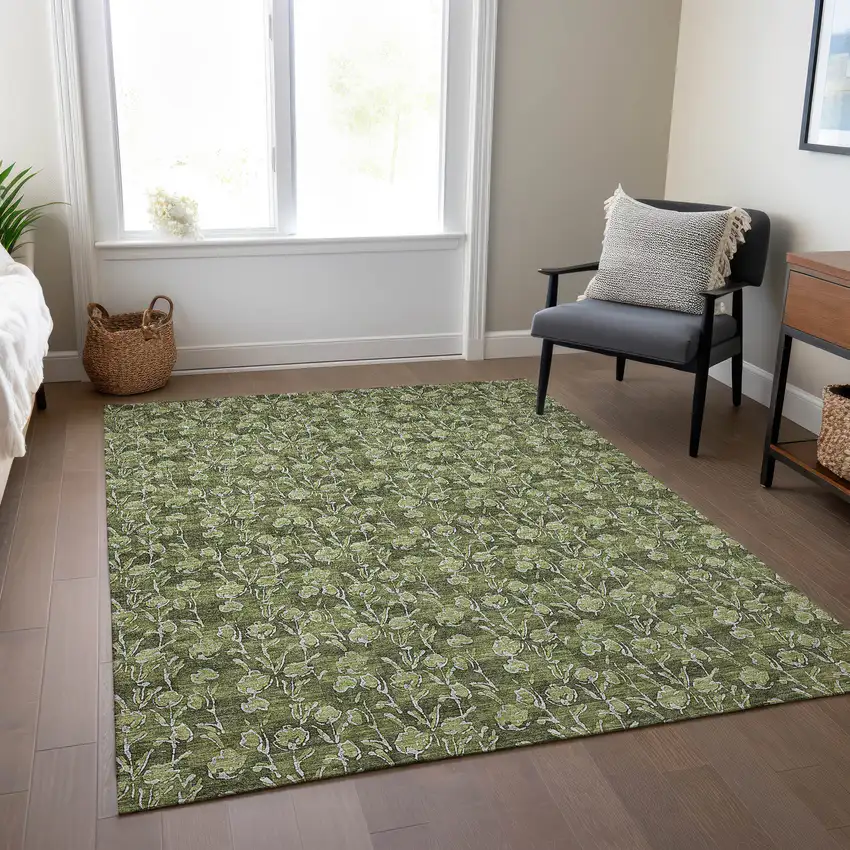 Olive Green Artichoke Green And Ivory Floral Washable Indoor Outdoor Area Rug Photo 8