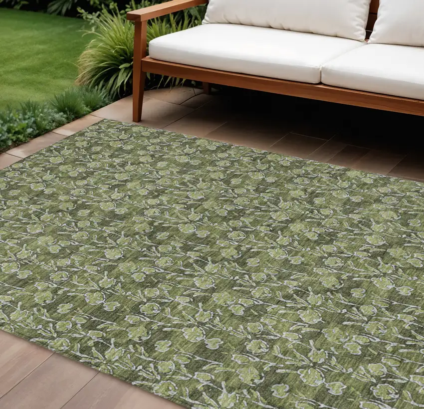 Olive Green Artichoke Green And Ivory Floral Washable Indoor Outdoor Area Rug Photo 1