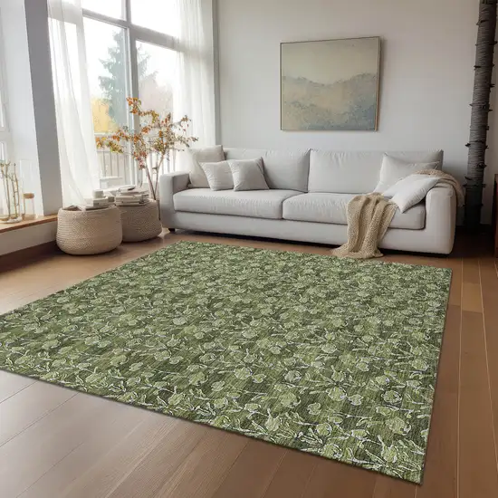 Olive Green Artichoke Green And Ivory Floral Washable Indoor Outdoor Area Rug Photo 9