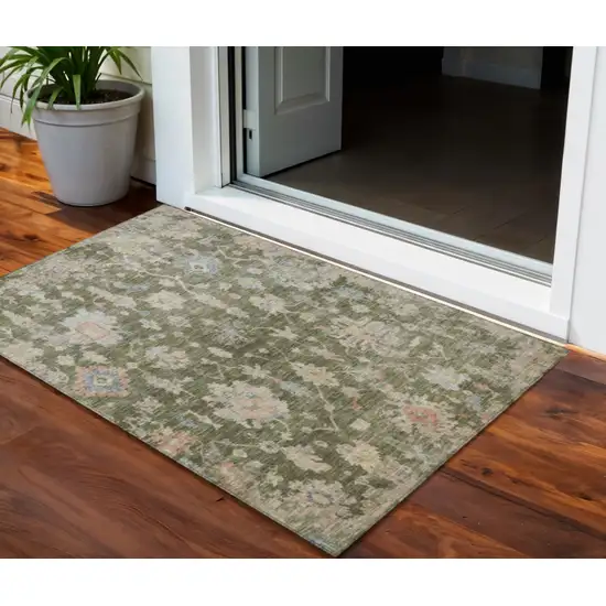 Olive Green Beige And Blue Floral Washable Indoor Outdoor Area Rug Photo 1