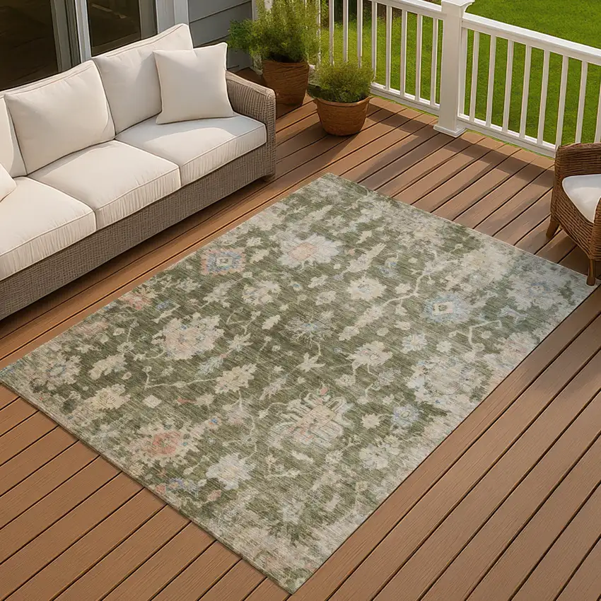 Olive Green Beige And Blue Floral Washable Indoor Outdoor Area Rug Photo 3