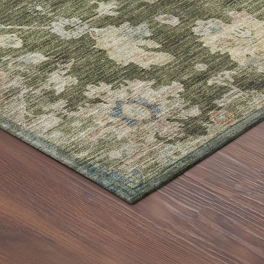 Olive Green Beige And Blue Floral Washable Indoor Outdoor Area Rug Photo 5