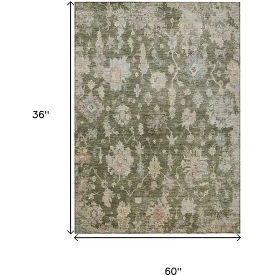 Olive Green Beige And Blue Floral Washable Indoor Outdoor Area Rug Photo 6