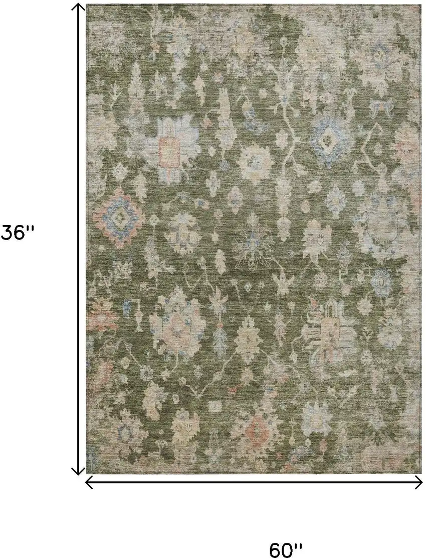 Olive Green Beige And Blue Floral Washable Indoor Outdoor Area Rug Photo 6