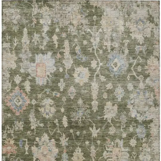 Olive Green Beige And Blue Floral Washable Indoor Outdoor Area Rug Photo 5