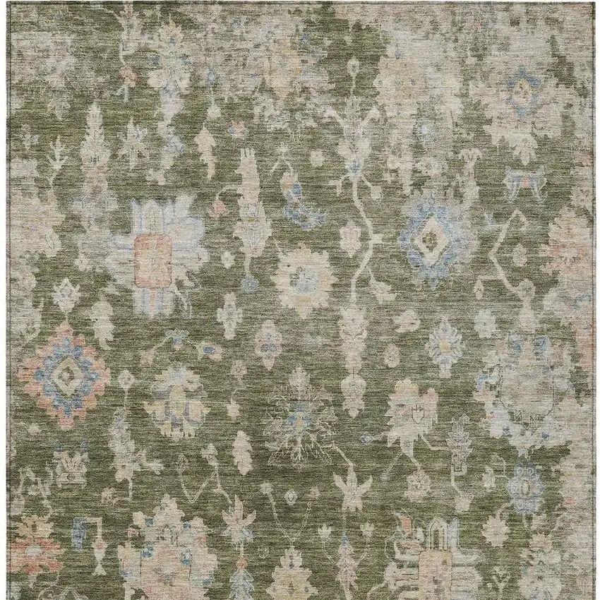 Olive Green Beige And Blue Floral Washable Indoor Outdoor Area Rug Photo 5