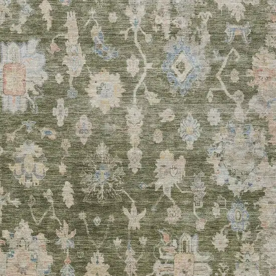 Olive Green Beige And Blue Floral Washable Indoor Outdoor Area Rug Photo 4
