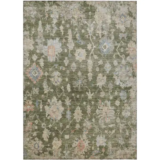 Olive Green Beige And Blue Floral Washable Indoor Outdoor Area Rug Photo 7