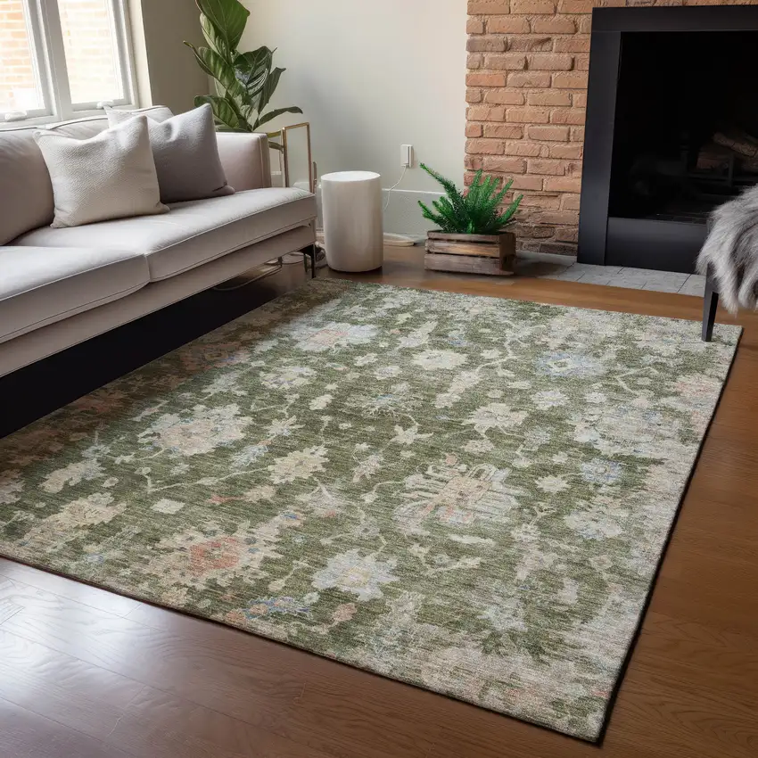 Olive Green Beige And Blue Floral Washable Indoor Outdoor Area Rug Photo 4