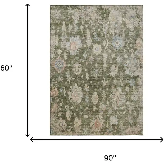 Olive Green Beige And Blue Floral Washable Indoor Outdoor Area Rug Photo 3
