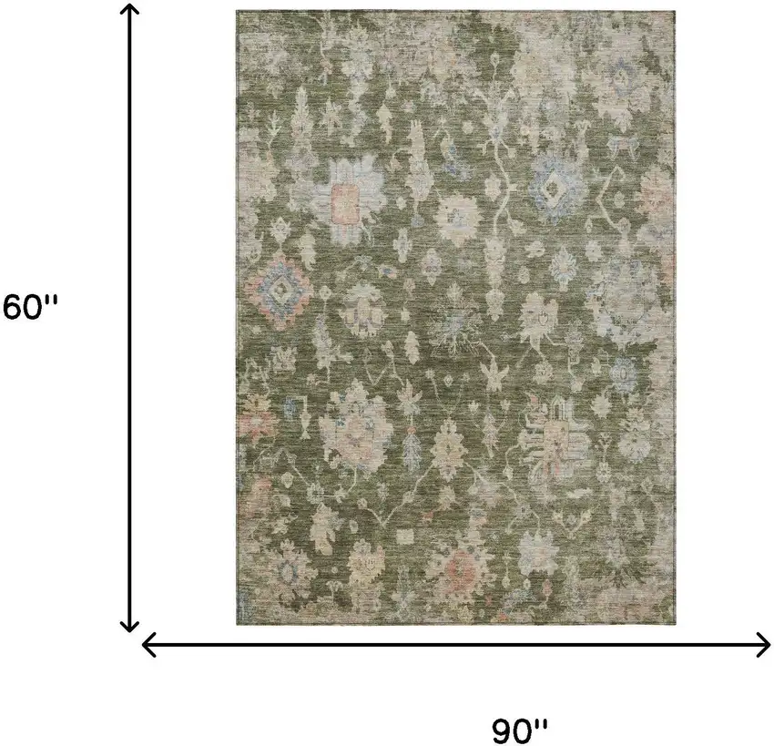 Olive Green Beige And Blue Floral Washable Indoor Outdoor Area Rug Photo 3