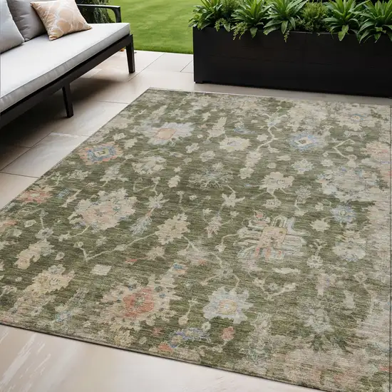 Olive Green Beige And Blue Floral Washable Indoor Outdoor Area Rug Photo 1