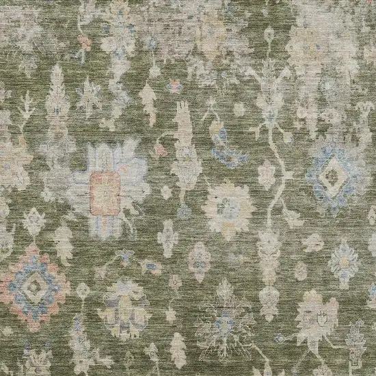 Olive Green Beige And Blue Floral Washable Indoor Outdoor Area Rug Photo 4