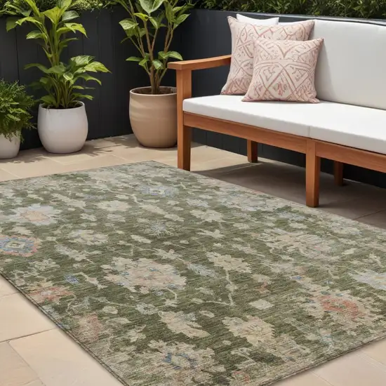 Olive Green Beige And Blue Floral Washable Indoor Outdoor Area Rug Photo 1