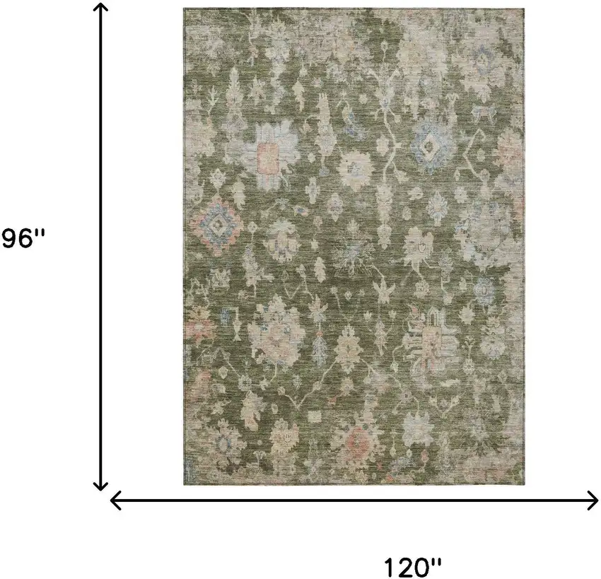 Olive Green Beige And Blue Floral Washable Indoor Outdoor Area Rug Photo 3