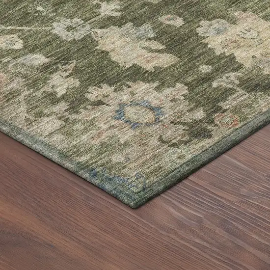 Olive Green Beige And Blue Floral Washable Indoor Outdoor Area Rug Photo 9
