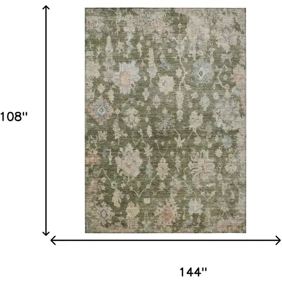 Olive Green Beige And Blue Floral Washable Indoor Outdoor Area Rug Photo 3